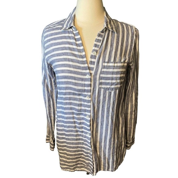 J Jill Linen Blue and White Stripes Button Front Blouse XS Pockets Oversized - Picture 1 of 9